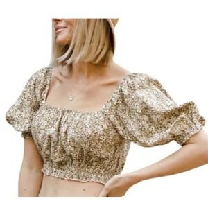 Rylee + Cru Floral Puff Sleeve Smocked Crop Top Olive Green White Small peasant